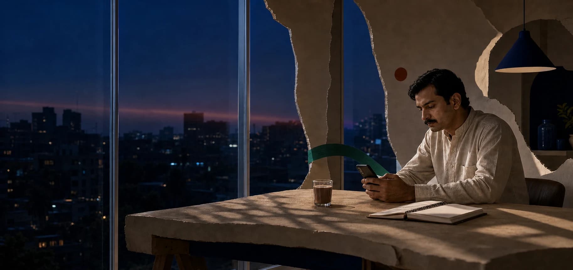 The same trader at night with global market light reflected in the window