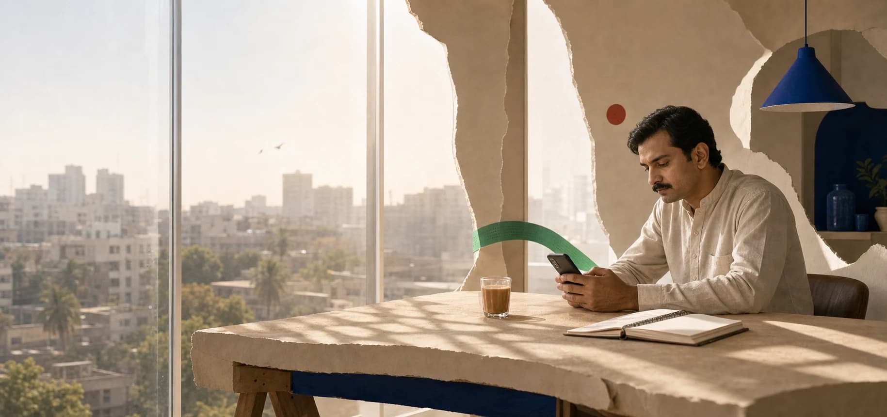 A Pakistani trader at a desk beside a sunlit city window