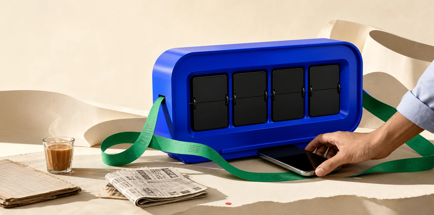 A surreal cobalt market clock, green ticker ribbon, chai and phone in morning light